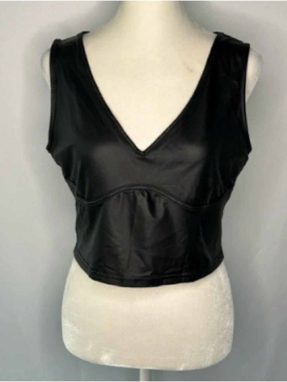 Black Vegan Leather V-Neck Crop Tank Top